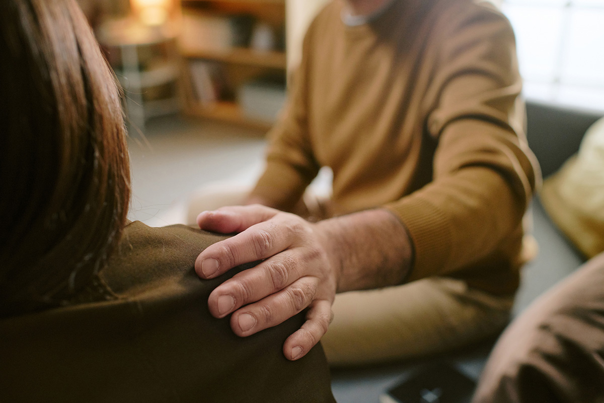Mental Health Middle Aged Man Comforting Young Adult Woman Offering Support