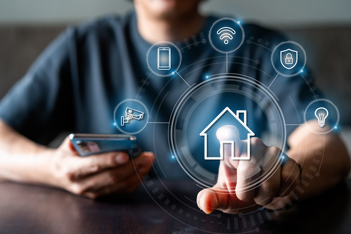 Technology Support Man Using Mobile Phone To Control Various Devices In The House Smart Home Technology Concept